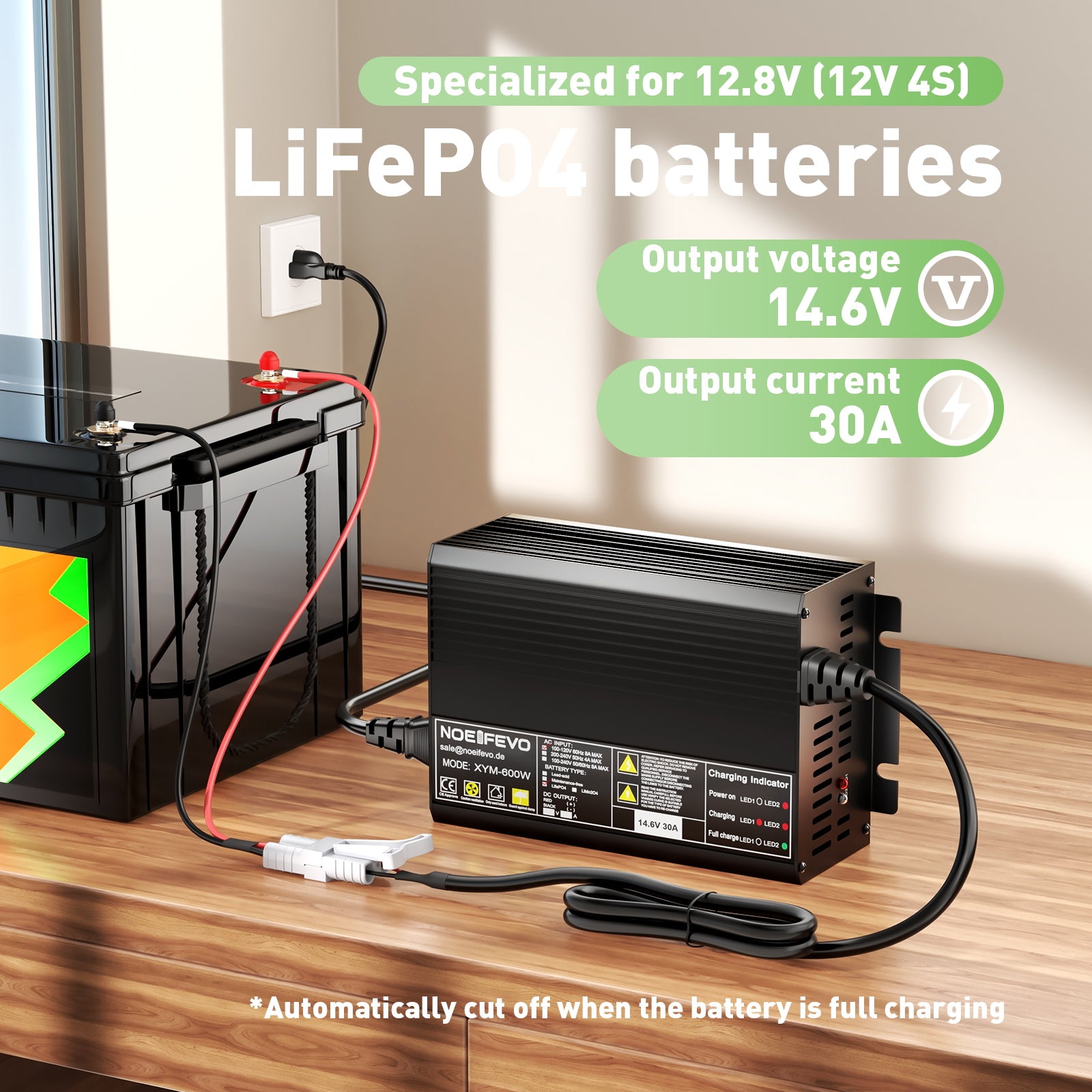 Noeifevo 14.6V 30A LiFePO4 battery charger for 12V 12.8V LFP battery