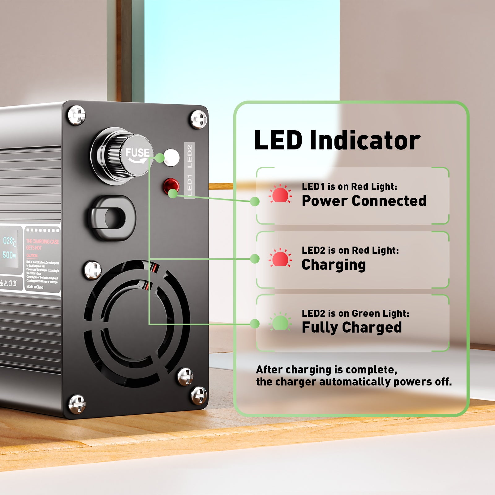 NOEIFEVO 36V 38.4V 10Amp Lithium LiFePO4 Battery Charger, Charging Voltage 43.8Volt, with fan, aluminum housing, LCD screen