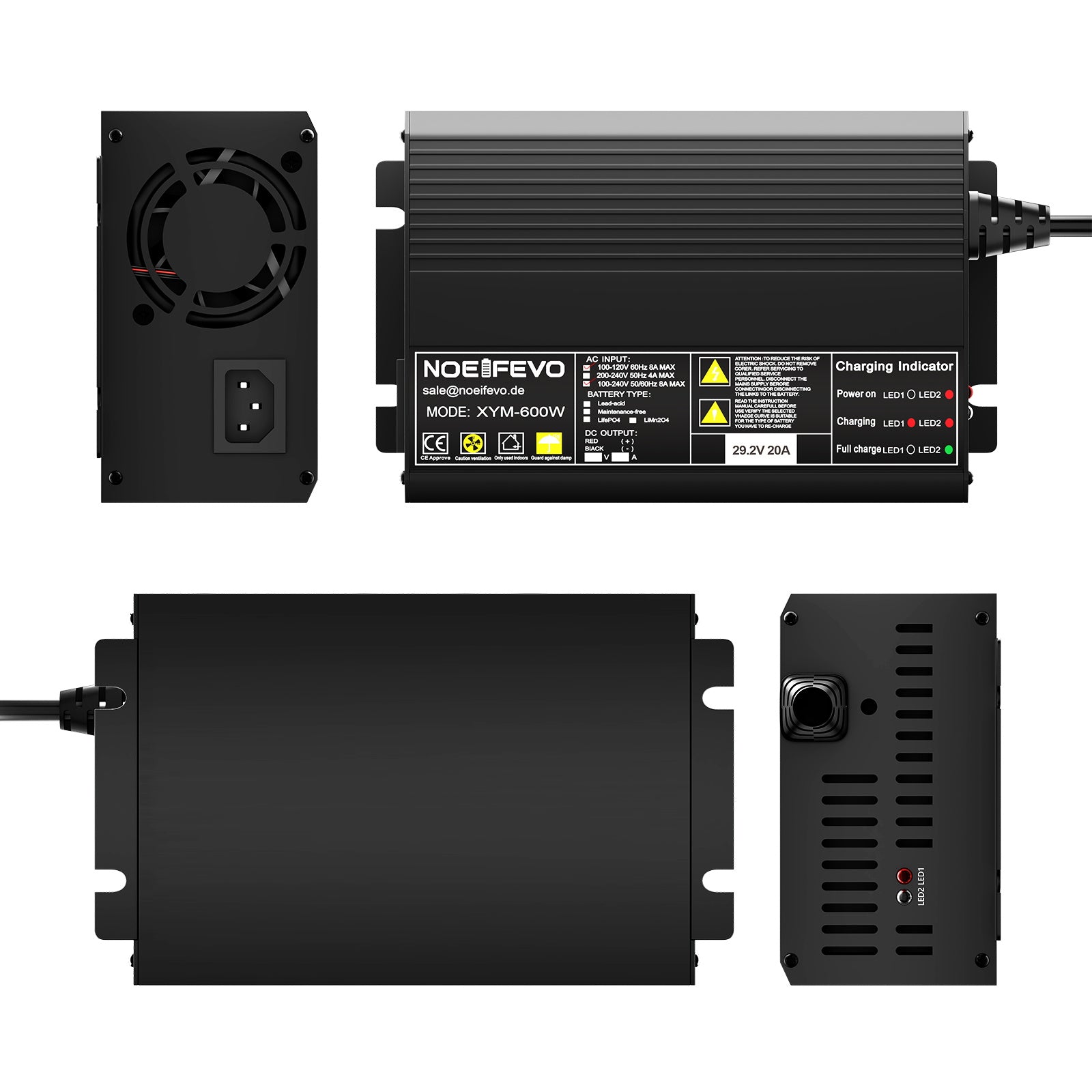 NOEIFEVO 24V 25.6V 20AMP Lithium LiFePO4 battery charger , Charging Voltage 29.2V , Automatic Cut Off, 0V BMS Activate