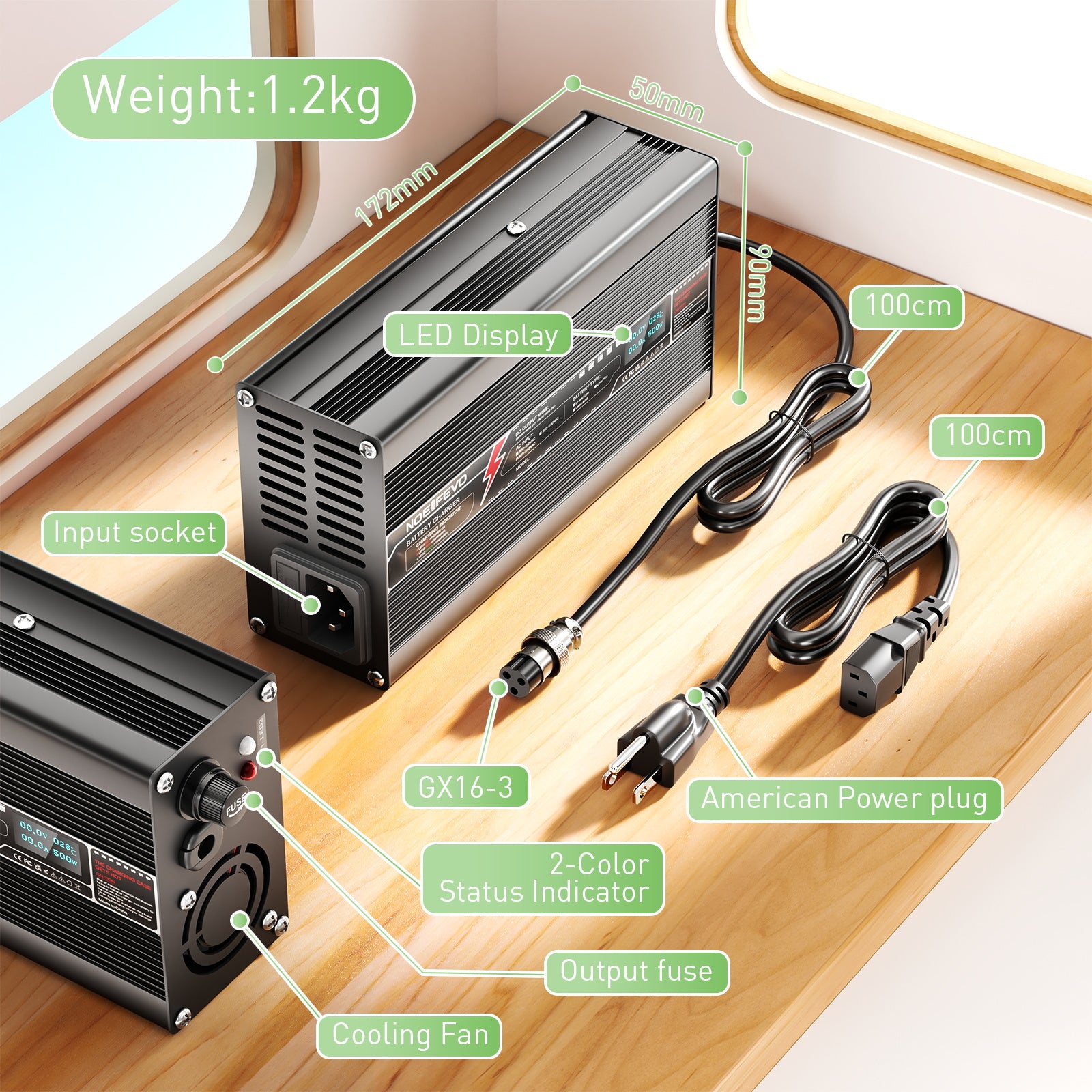 NOEIFEVO 24V 25.6V 15A Lithium LiFePO4 Battery Charger, Charging Voltage 29.2V, with fan, aluminum housing, LCD screen