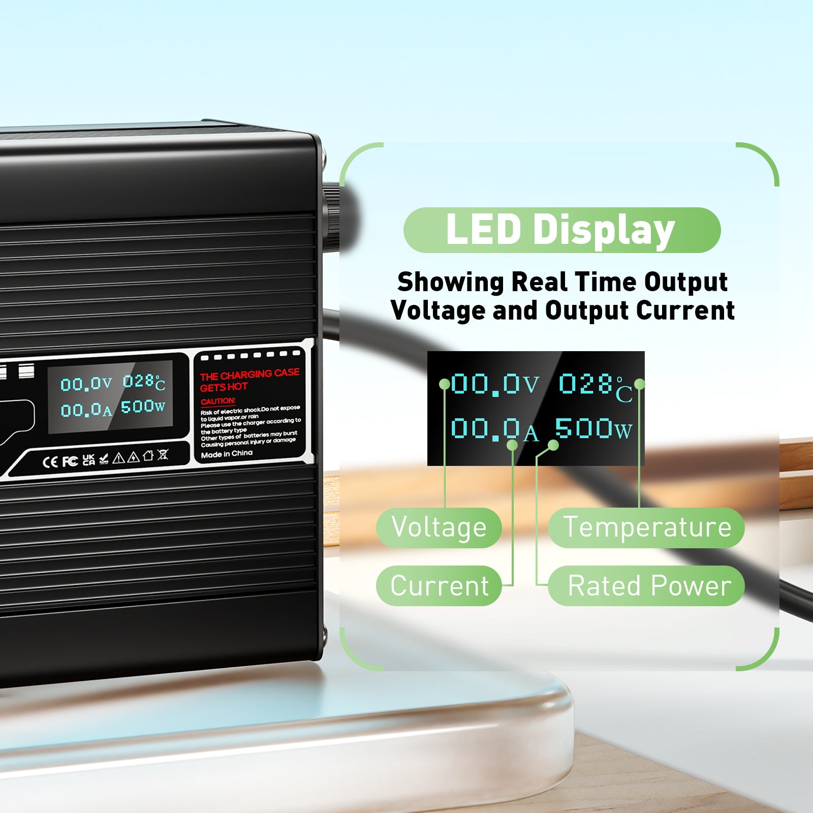 NOEIFEVO 24V 25.6V 15A Lithium LiFePO4 Battery Charger, Charging Voltage 29.2V, with fan, aluminum housing, LCD screen