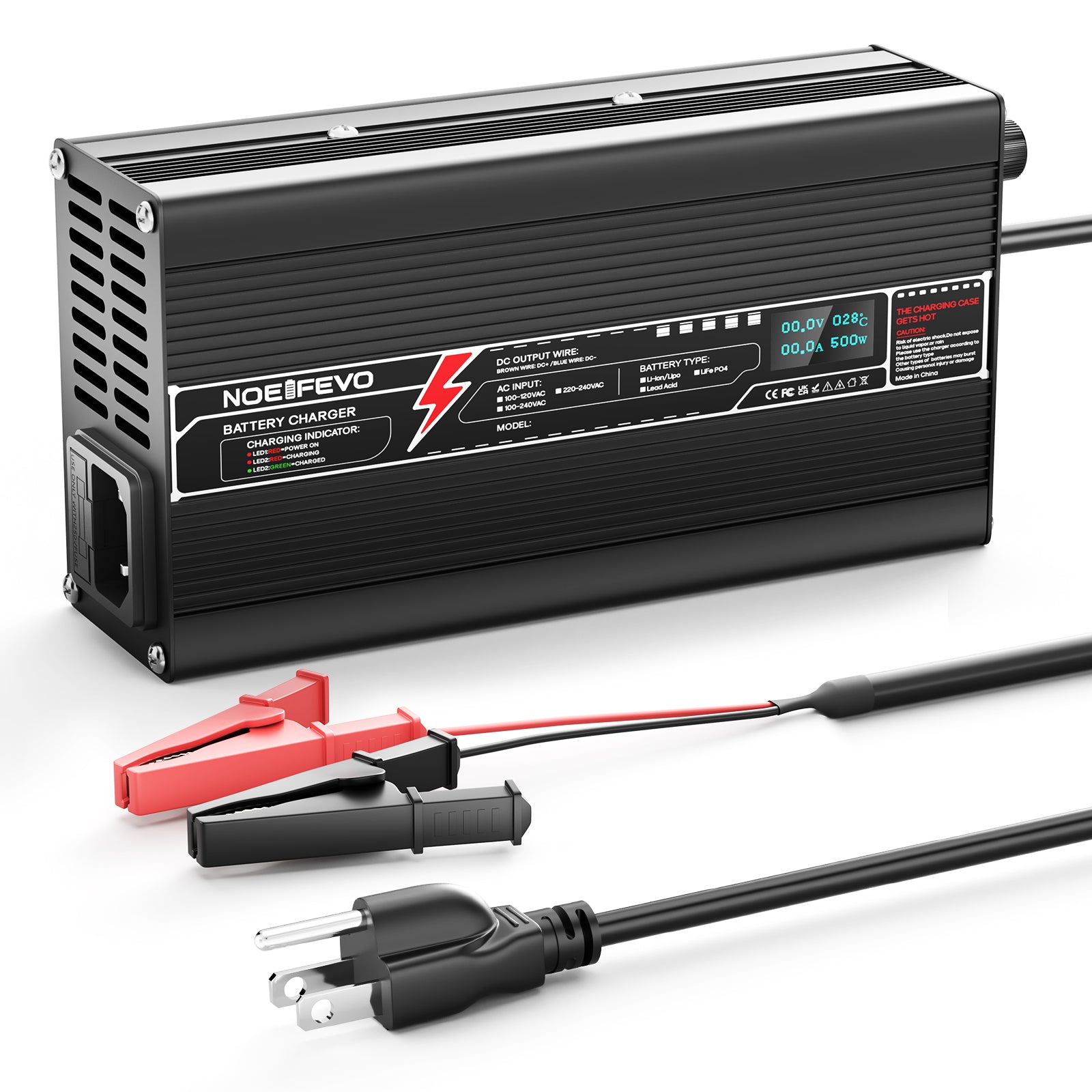 NOEIFEVO 21V 15A Lithium Battery Charger For 18.5V 5S Battery, Automatic Cut Off, aluminum housing, LCD screen